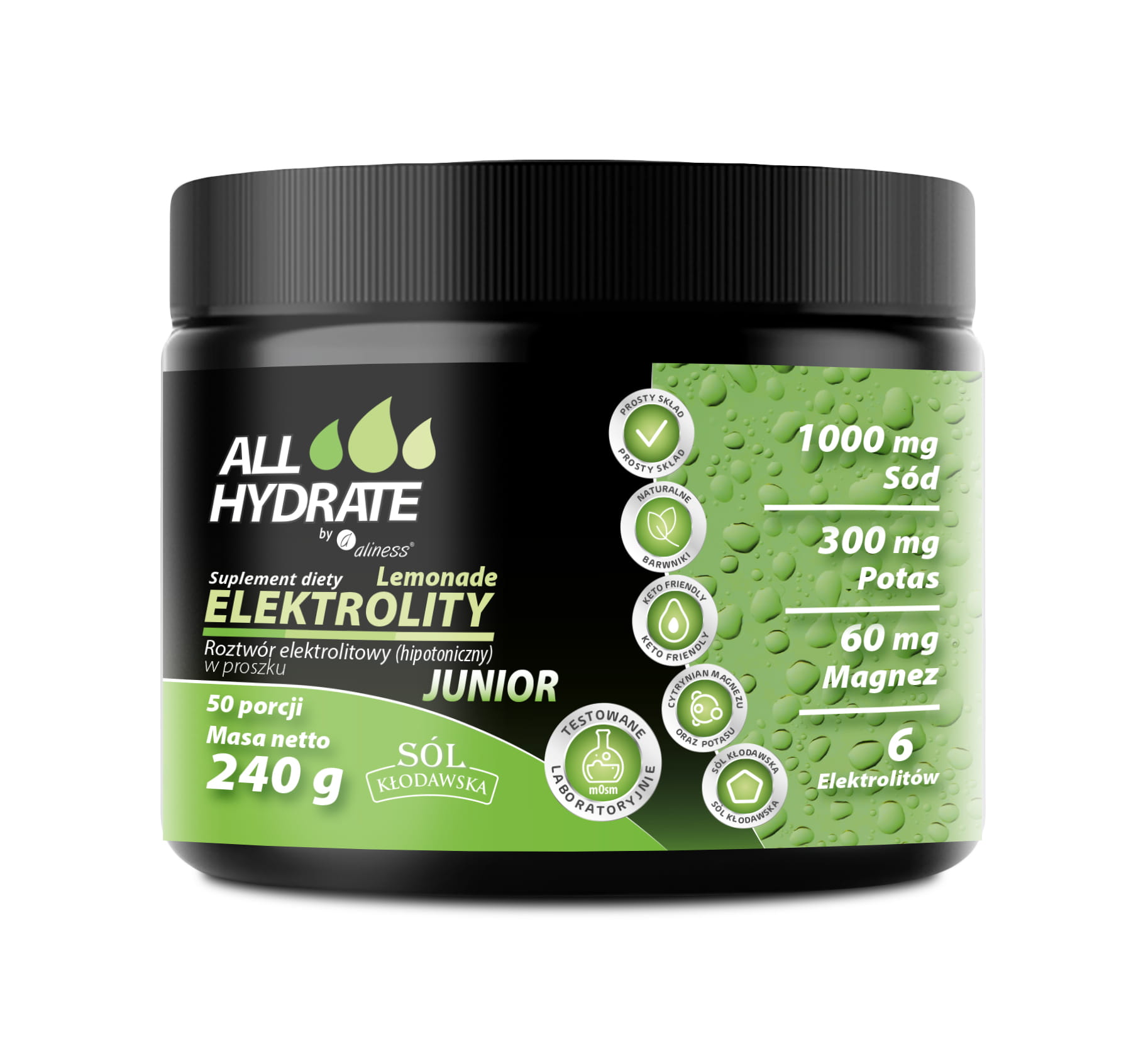 ALLHydrate, Elektrolity JUNIOR Lemonade 240g, 50 porcji